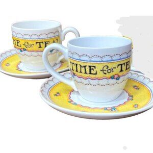 Lot of 2 sets Vintage Mary Engelbreit Cup & Saucer Set Time For Tea ME Yellow